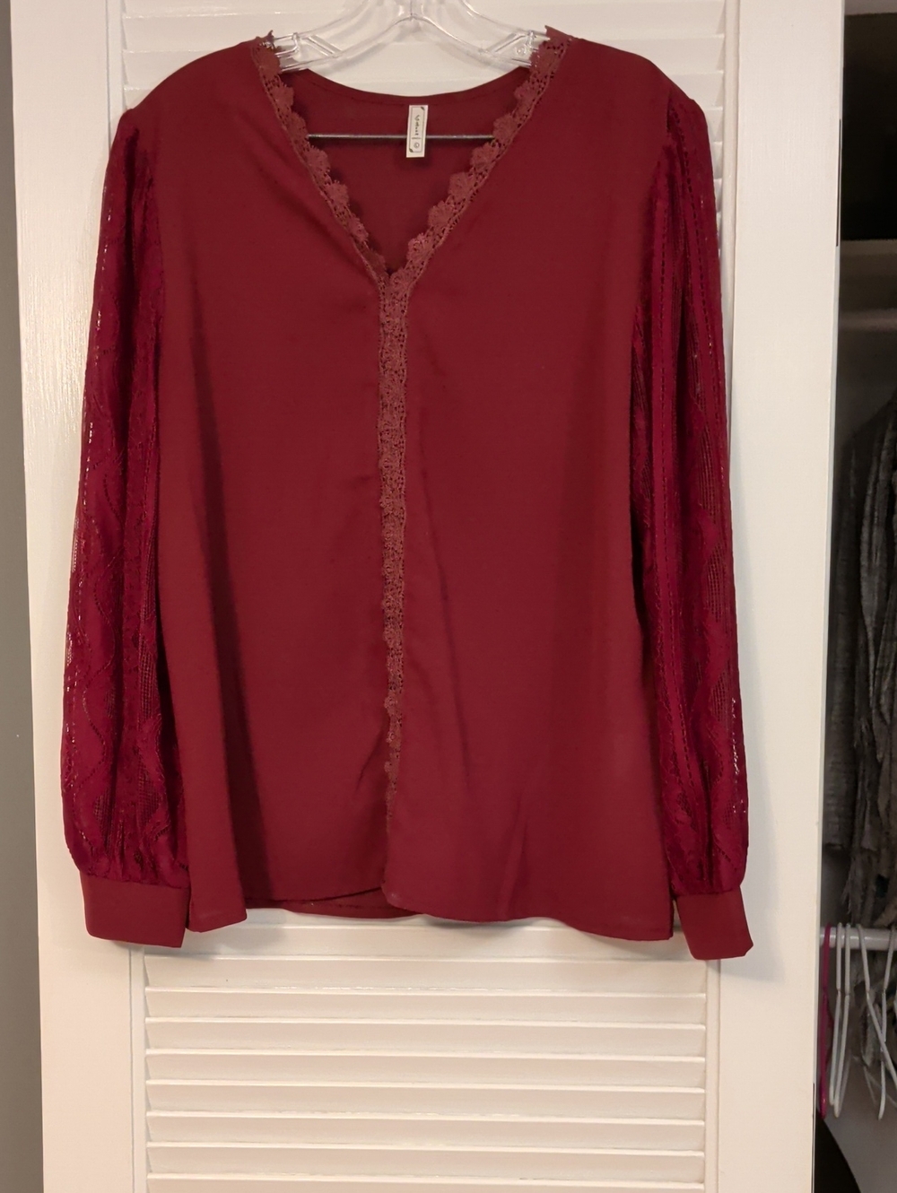 Amazon Women's Lace-Trim V-Neck Blouse - Burgundy
